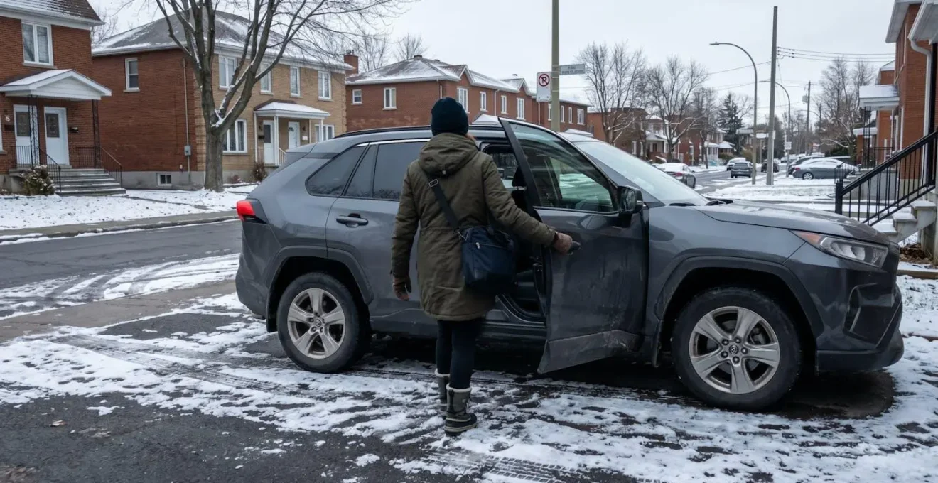 Une femme de dos ouvre la portière de son véhicule dans une entrée résidentielle enneigée à Montréal tôt le matin