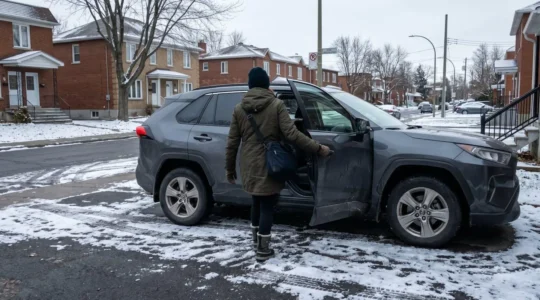 Une femme de dos ouvre la portière de son véhicule dans une entrée résidentielle enneigée à Montréal tôt le matin