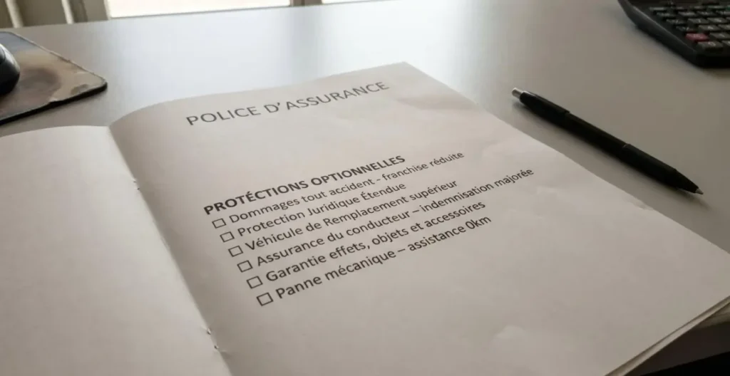 Gros plan macro d'une section de contrat d'assurance automobile montrant une liste détaillée de protections facultatives avec cases à cocher Gros plan macro d'une section de contrat d'assurance automobile montrant une liste détaillée de protections facultatives avec cases à cocher